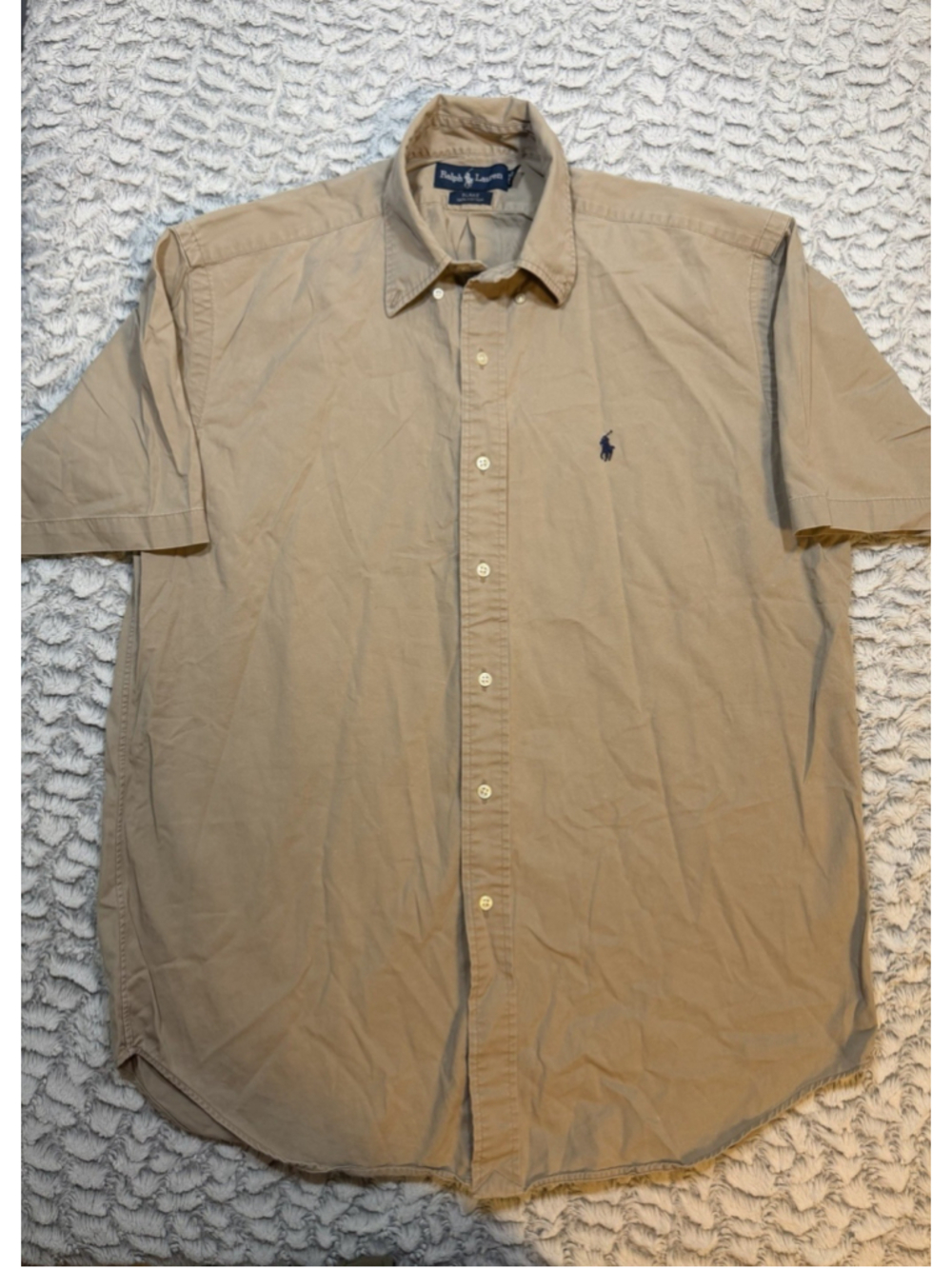 Ralph Lauren Beige Solid Cotton Twill Short Sleeve Button-Down Shirt, XL